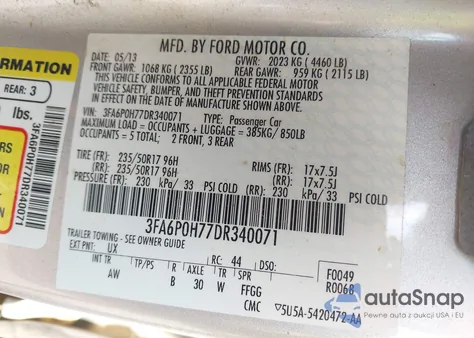 2013 Ford Fusion Se из США, поврежденный, VIN 3FA6P0H77DR340071